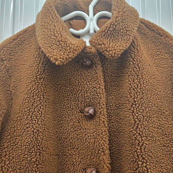 H&M Women's Teddy Sherpa Jacket Button Front Size 10 Brown Polyester - Picture 4 of 13